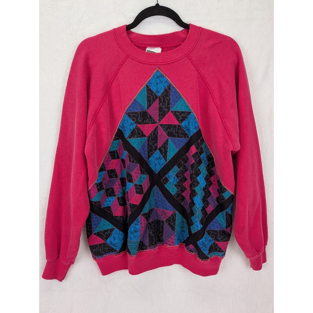 Vintage Quilted Patchwork Sweatshirt Women XL Grandma Craftcore 90s Mom Cozy